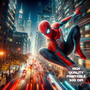 May include: A digital illustration of a superhero in a red and black suit, crouching in a dynamic pose against a cityscape backdrop. The image features the text "HIGH QUALITY PRINTABLE 300 DPI". The buildings are tall and the street below is filled with moving cars.