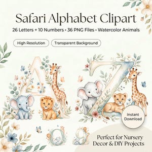 Pode incluir: Clipart de alfabeto safari em aquarela com letras e números, apresentando ilustrações de animais. Perfeito para decoração de berçário e projetos DIY. Alta resolução, fundo transparente.