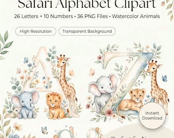 Zestaw obrazów PNG z alfabetem dla dzieci od A do Z, clipart ze zwierzętami safari (pobieranie cyfrowe)