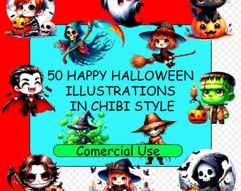 Halloween Clipart: 50 Spooky Chibi Illustrations (Digital Download, 15x15 PNGs)