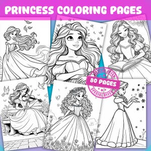 Princess Coloring Pages: 80-Page Cartoon Illustrations (PDF Printable)