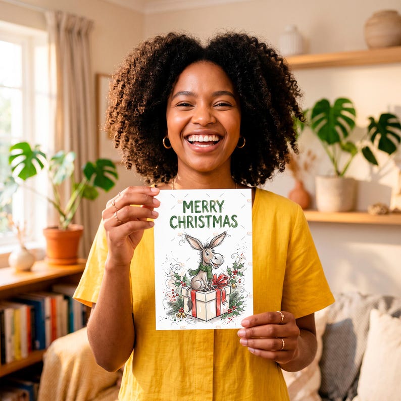 Donkey Christmas Card Printable, Funny Christmas Card, Cute Watercolor ...