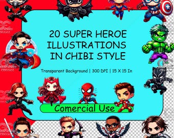 Ilustraciones de superhéroes chibi: 20 personajes PNG de Los Vengadores (Descarga digital)
