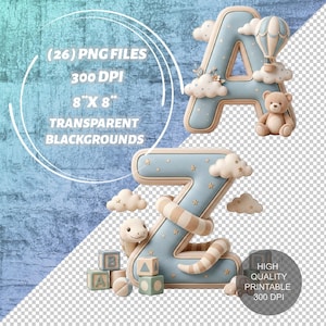 May include: A light blue letter "A" with a hot air balloon and a teddy bear, and a light blue letter "Z" with a snake and blocks. The image includes the text "(26) PNG FILES 300 DPI 8" X 8" TRANSPARENT BACKGROUNDS" and "HIGH QUALITY PRINTABLE 300 DPI".