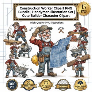 May include: A digital collection of construction worker clipart featuring a bearded character in a red plaid shirt and denim overalls. The set includes 15 PNG illustrations of a builder performing tasks like hammering, using a level, and reading blueprints.