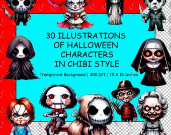 Halloween Chibi Clipart – 30 Spooky Character PNG Illustrations (Digital Download)