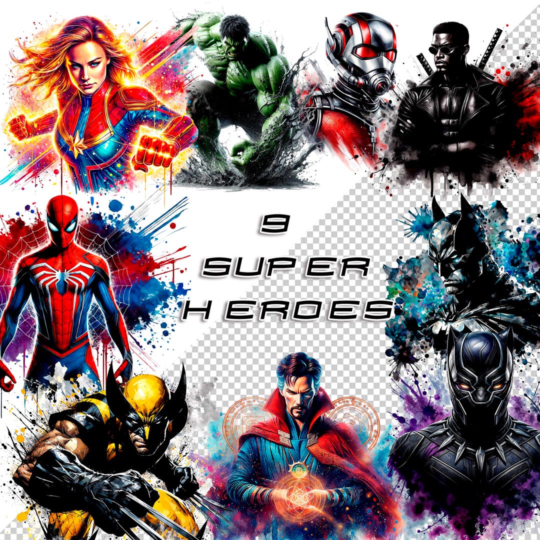 Superhero PNG Bundle, 9 Watercolor Splash Super Heroes, Sublimation ...