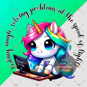Peut inclure: Illustration numérique d'une licorne de dessin animé avec une crinière et une corne arc-en-ciel, travaillant sur un ordinateur. L'écran de l'ordinateur affiche le mot "Rainbow". Le texte autour de l'image dit "Coding magic, solving problems at the speed of light."