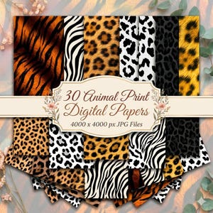 Puede incluir: Una colección de 30 papeles digitales con varios diseños de estampado animal, incluyendo rayas de tigre, rayas de cebra y manchas de leopardo. Los papeles están en formato JPG, con una resolución de 4000 x 4000 píxeles. La imagen tiene un fondo neutro.