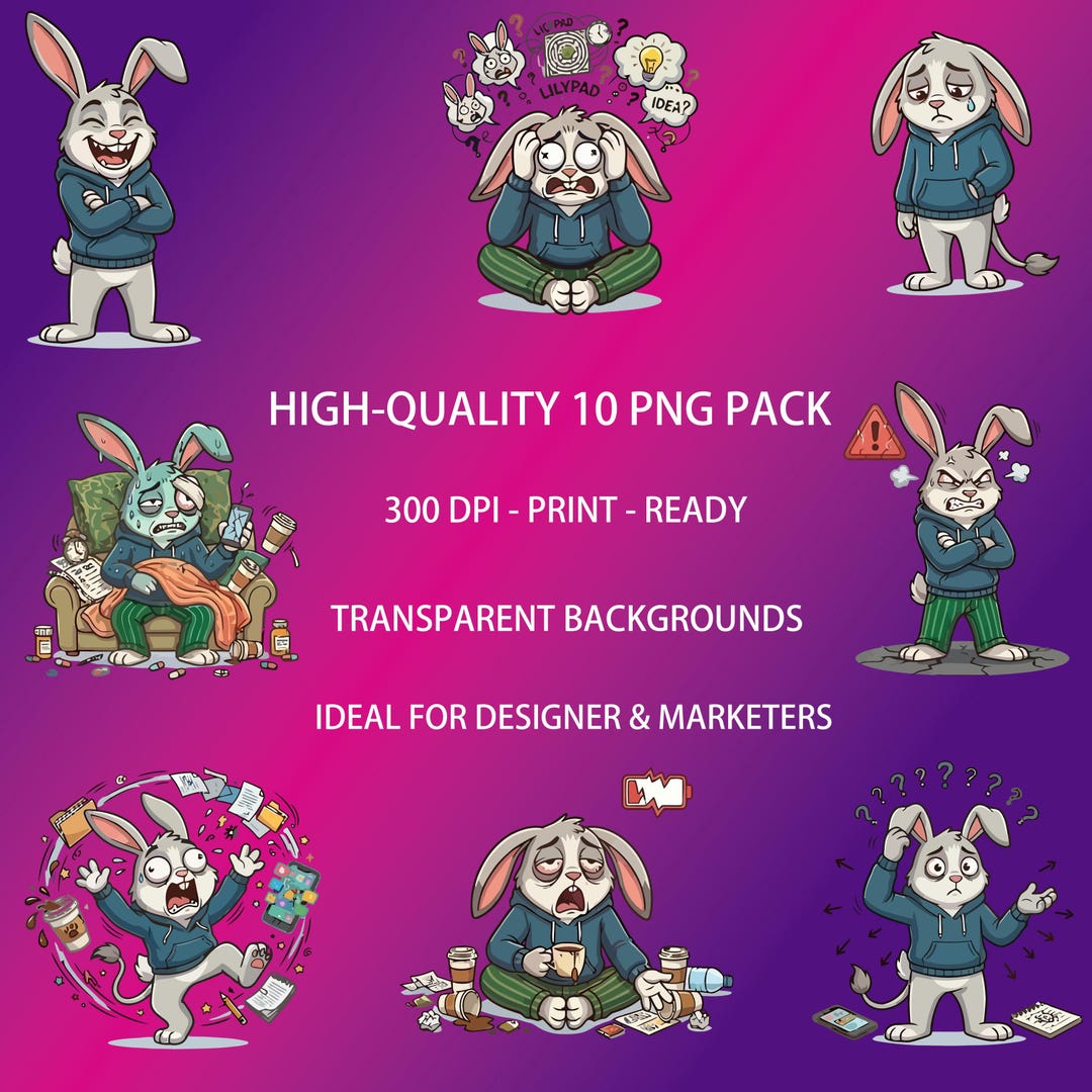Stressed Bunny Clipart Bundle, Anxiety Rabbit PNG Pack, Mental Health ...