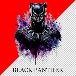 Puede incluir: Ilustración digital de Black Panther, un superhéroe, sobre un fondo rojo y transparente. El personaje está representado con un traje negro y una máscara, con salpicaduras de pintura estilo acuarela en morado y azul. El texto "BLACK PANTHER" está abajo.