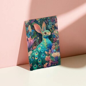 Lot de 10 cartes “Lapin-paon enchanté” – Illustration poétique hybride, bords arrondis, papier premium A6/A5 avec enveloppes incluses