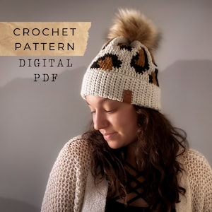 May include: Crochet pattern for a leopard print beanie with a faux fur pom pom. The pattern is available as a digital PDF download. CROCHET PATTERN DIGITAL PDF