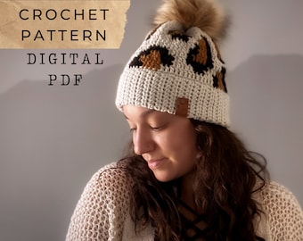 Virkmönster för leopardmössa - Mössa i färgglatt djurmönster, grafiskt mönster (3 storlekar) PDF-mönster