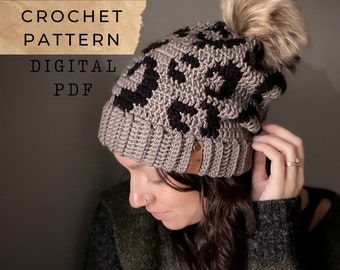 Leopard SLOUCH // Crochet Pattern, Leopard Print, Cheetah, Crochet, Color Chart, Pattern, Animal print, Hat, Beanie, Winter, Slouchy, Tzigns