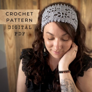 Sage Head Wrap Crochet Pattern – 3 Sizes & 3 Widths, Boho Lace Tie Wrap with Leaf Details – Quick, Stylish Crochet Accessory