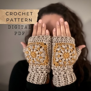 Cascade Café Mitts Crochet Pattern – Fingerless Gloves with Granny Square Motif, Boho Crochet Accessory, Crochet gift, Fingerless mittens