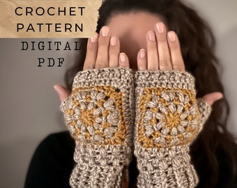 May include: Crochet fingerless gloves with a brown and yellow color pattern. The gloves are made with a granny square stitch. The image includes the text "CROCHET PATTERN DIGITAL PDF".