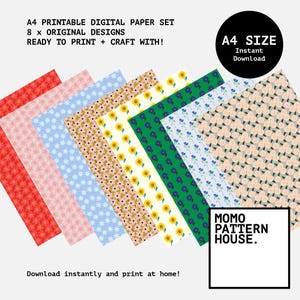 May include: A selection of eight A4-sized digital paper designs, featuring floral and geometric patterns. The papers are fanned out, displaying the different designs. Text on the image reads "A4 PRINTABLE DIGITAL PAPER SET" and "READY TO PRINT + CRAFT WITH!"