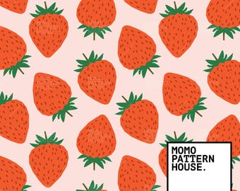 May include: A repeating pattern of stylized strawberries in shades of red and green on a light pink background. The strawberries have a textured appearance. The design includes the text "MOMO PATTERN HOUSE."