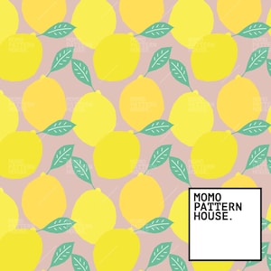 May include: A repeating pattern of yellow lemons and green leaves on a pale pink background. The design includes the text "MOMO PATTERN HOUSE." in a white box with a black border. The lemons are stylized and evenly spaced.