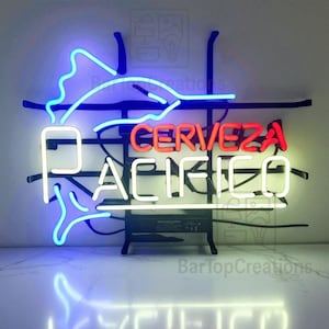 Cerveza Pacifico Neon Sign, Blue Marlin Beer Light for Bar Top, Man Cave, Pub Wall Decor, Real Glass Neon Beer Sign Gift