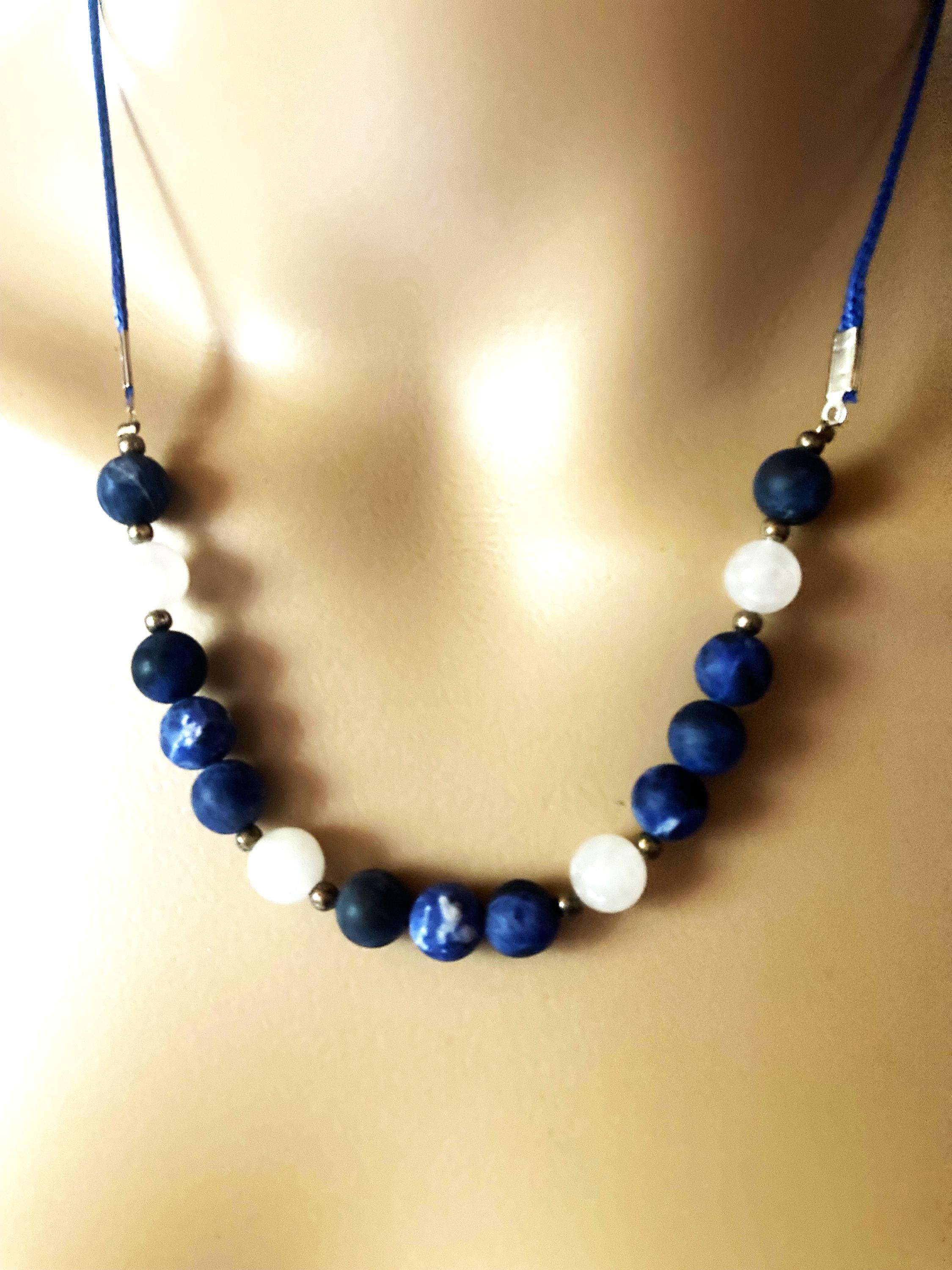 Collier Long En Agates Bleues Naturelles - 60 Cm - Qualité Supérieure - Neuf Sans Emballage