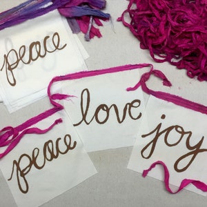 Peace, Love, Joy. Modern Prayer Flag Bunting. 3 Flag Garland. Handpainted on Cotton.
