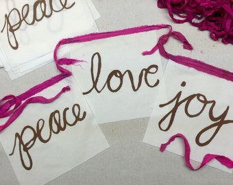 Peace, Love, Joy. Modern Prayer Flag Bunting. 3 Flag Garland. Handpainted on Cotton.