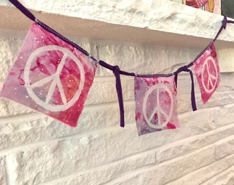 Peace Sign Flag Bunting. 3 Flag Garland. Ice Dye. Boho Style. Handmade + Handpainted. 100% Cotton.