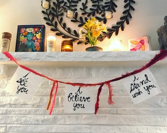 Personalized! Love + Support Modern Prayer Flag Bunting. 3 Flags with Your Choice of Words to Offer Support + Inspiration. Handpainted.