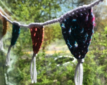 Boho Crochet Mini Prayer Flag Bunting with Tassels. Rainbow Granny Triangle Crochet Flag Garland for Your Home.