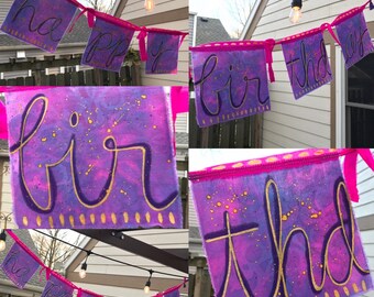 Happy Birthday Garland, Banner, Bunting, Flags. Personalized, Handpainted, Dyed, Stenciled. 100% Cotton.