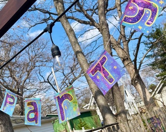 Canvas Party Banners. Handpainted garlands to string indoor or outdoor for happy occasions.