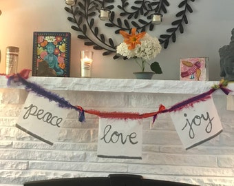 Peace, Love, Joy. Modern Prayer Flag Bunting of 3 Flags. Personalized. Handmade + Handpainted. 100% Cotton.