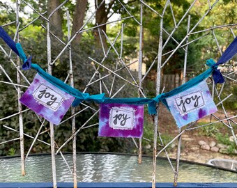 Joy + Joy + Joy. Modern Prayer Flag Bunting. 3 Flag Garland. Handmade. Thinking of You, Inspiration, Birthday, Anniversary Gift.