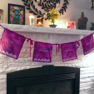 Yoga Prayer Flag Bunting. Om Shanti + Pattabhi Jois Quote. Hand-dyed + Hand-stamped Flags.