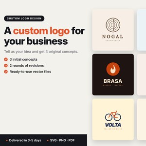 Puede incluir: Un anuncio de servicio de diseño de logotipo personalizado con el texto A custom logo for your business y seis logotipos de ejemplo que incluyen Nogal, pulso, Brasa, Kora, Volta y Miga en una cuadrícula de cuadrados redondeados.