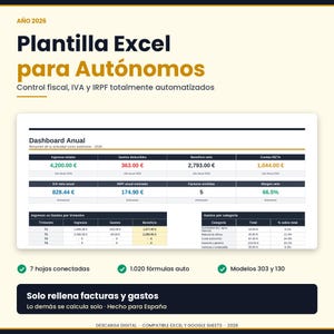 Puede incluir: Plantilla Excel digital para autónomos en español, con control fiscal automatizado, cálculos de IVA e IRPF. El panel muestra ingresos, gastos y beneficio neto anuales. La plantilla incluye 7 hojas conectadas y 1.020 fórmulas automáticas.