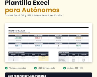 Plantilla Excel Autónomos España 2026 | Modelos 303 y 130 Automáticos | Control IVA IRPF Facturas Gastos Dashboard Freelance