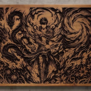 May include: A wooden artwork with a carved illustration. The image shows a figure with swords, surrounded by dragons and swirling patterns. The artwork is framed in a light brown wooden border.