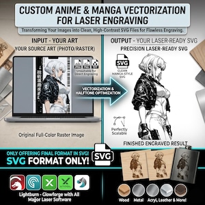 May include: A digital service graphic titled CUSTOM ANIME & MANGA VECTORIZATION FOR LASER ENGRAVING. It shows a laptop displaying a color anime character, an arrow labeled VECTORIZATION & HALFTONE OPTIMIZATION, and a black and white SVG output.
