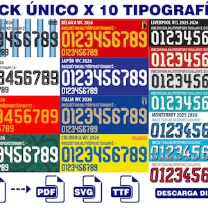 Pack of 10 football fonts 2025-2026 - Argentina, Belgium, Colombia, Mexico, Japan, Italy, Spain, Germany, Liverpool, Monterrey MX (PDF, SVG, TTF)