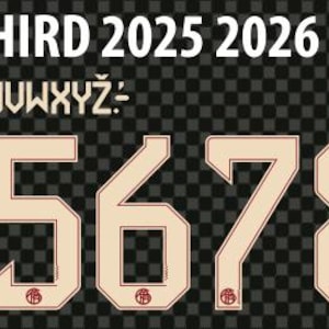 Peut inclure: Graphique numérique avec le texte "BAYERN MUNCHEN THIRD 2025 2026", l'alphabet et les chiffres de 1 à 0. Les chiffres et lettres sont beiges avec un accent rouge. L'image comprend également des icônes de type de fichier.