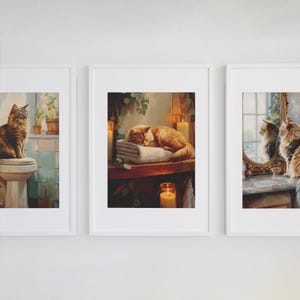 Cat Bathroom Wall Art Set – 3 Oil Painting Style Prints – Digital Download – Cat Decor