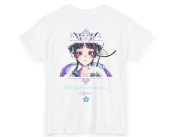 May include: White t-shirt featuring a colorful anime-style illustration of a character with a parasol and text that reads "The apothecary diaries" and "Maemac". The design includes a floral emblem.