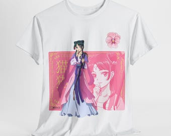 May include: White t-shirt featuring a pink and red graphic of an anime character in traditional clothing. The graphic includes a pink flower and Japanese text. The character has dark hair and is wearing a long, flowing robe.