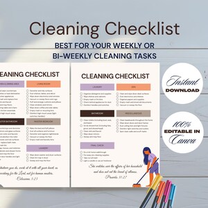 Puede incluir: Una lista de verificación de limpieza imprimible con secciones para la cocina, la sala de estar, el lavadero y más. El diseño incluye una mujer barriendo, el texto "Descarga instantánea" y "100% editable en Canva".