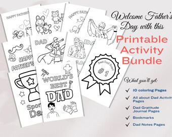 Könnte beinhalten: Eine Sammlung druckbarer Vatertags-Aktivitätsseiten. Das Bundle enthält Malvorlagen, Aktivitätsblätter, Journalseiten, Lesezeichen und Notizseiten. Die Seiten zeigen Illustrationen und Texte wie "Happy Father's Day" und "World's Best Dad".