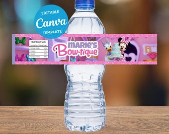 Edytowalne etykiety na butelki z wodą z motywem Myszki Minnie | Upominek na przyjęcie z Myszką Minnie | Natychmiastowe pobranie | Szablon Canva do druku